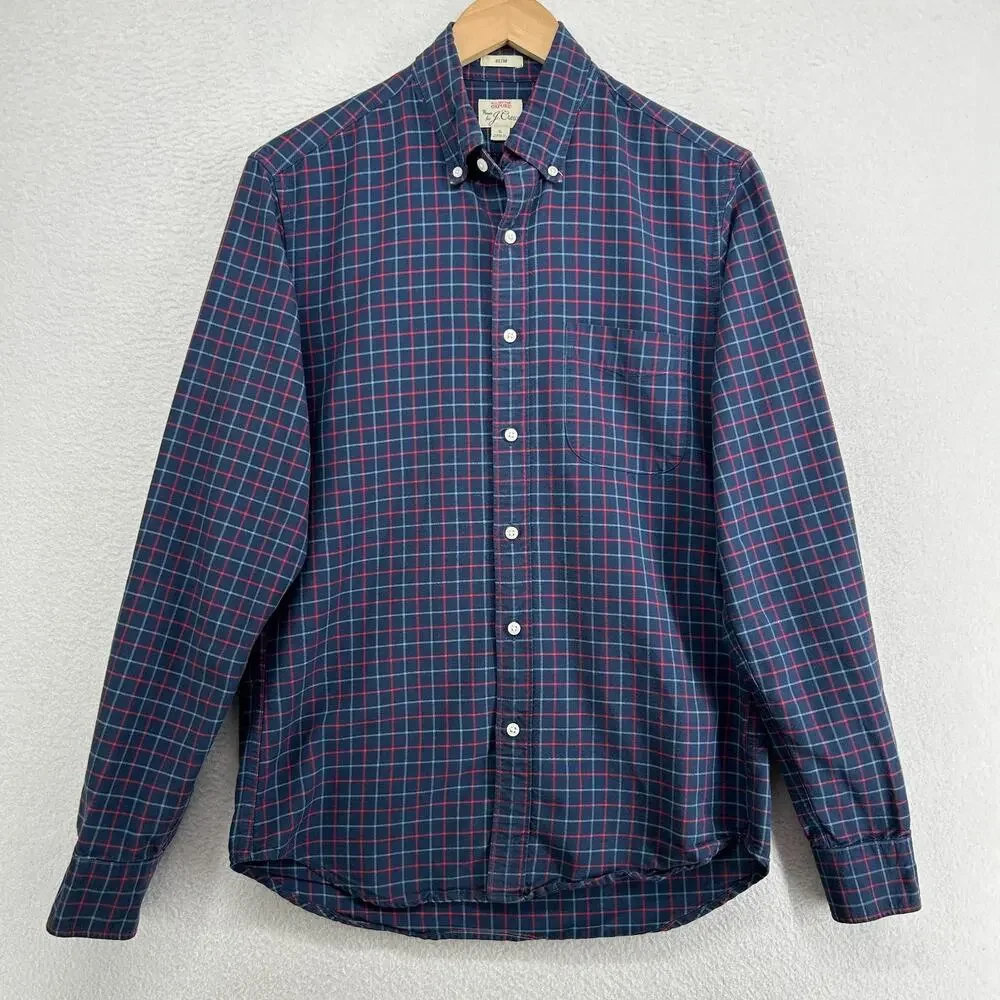 J.CREW Shirt Mens S All Cotton Oxford Slim Fit Tattersall Check Button Up Blue